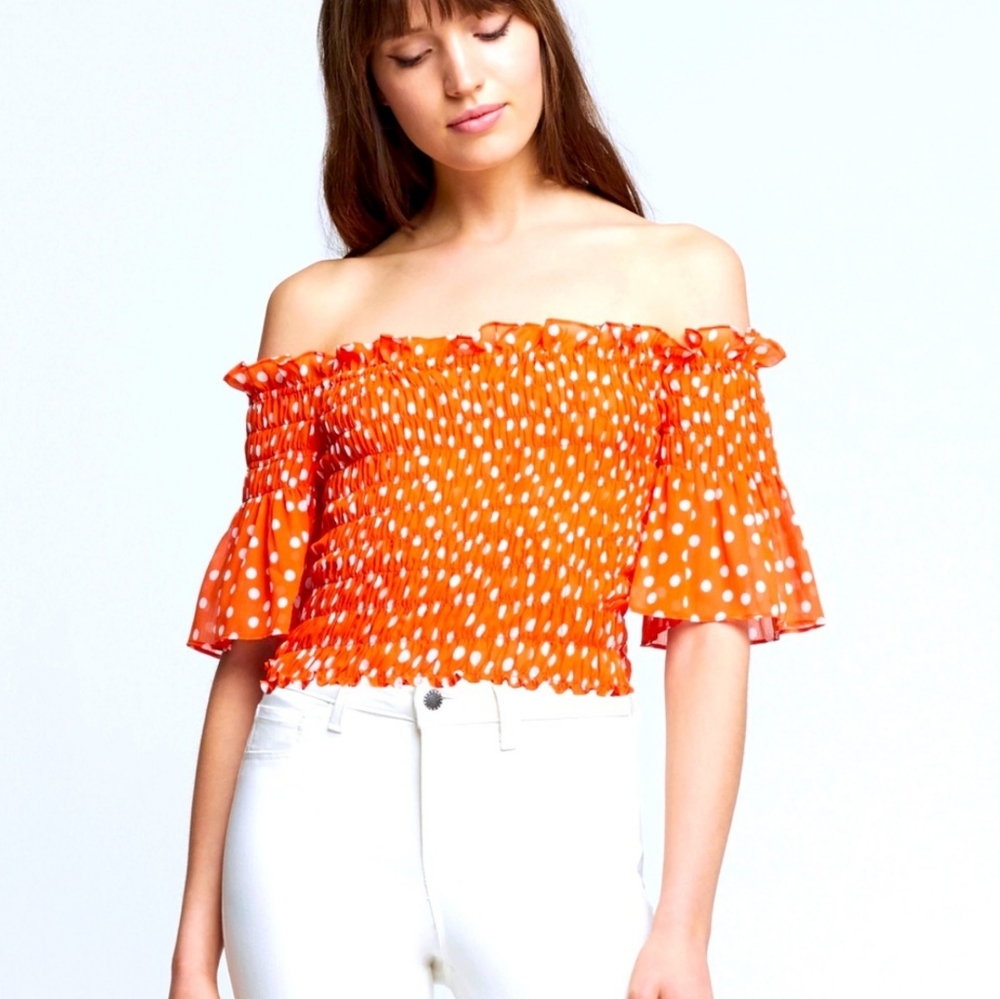 L’agence Bexley Orange Polka Dot Off Shoulder Smocked Crop Top Size XS